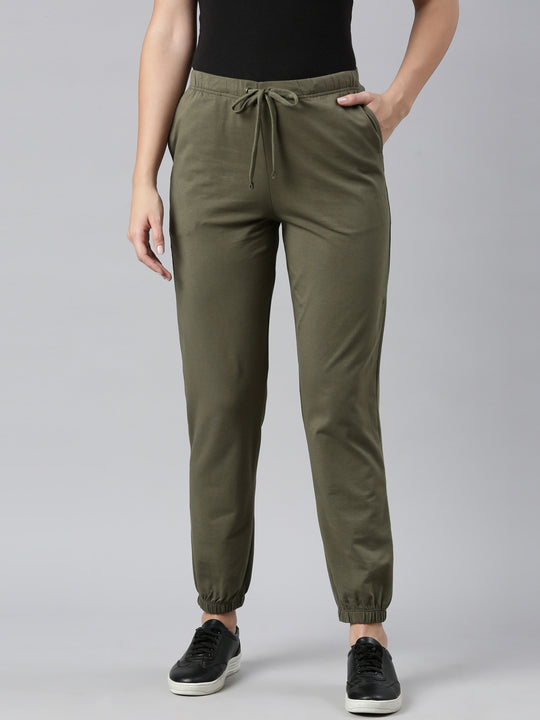 Women Solid Olive Green Ribbed Leggings