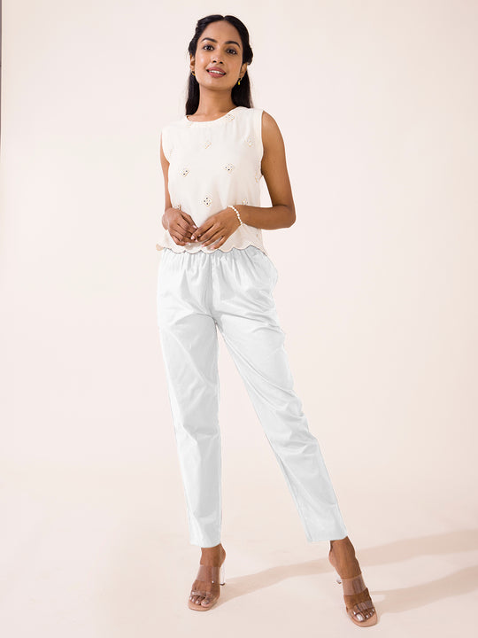 White Cotton Pants for Women with Pockets