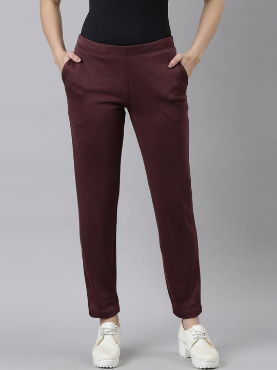 Women Solid Light Wine Mid Rise Cotton Casual Joggers