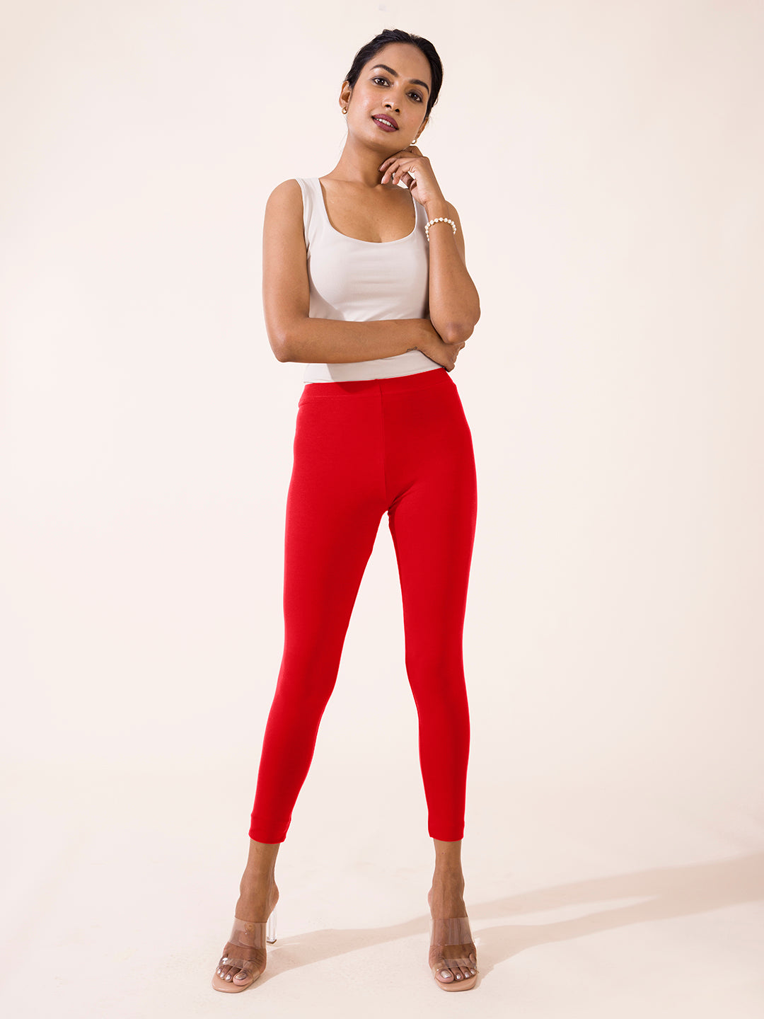 Women Solid Dark Red Slim Fit Ankle Length Leggings - Tall