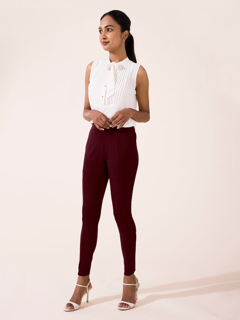 Buy GO COLORS Women Solid Dark Wine Stretch Ponte Pants at