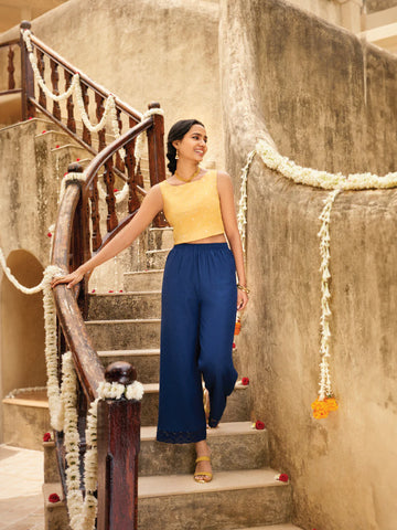 Image of a model dressed in Go Colors Linen Wide Pants.
