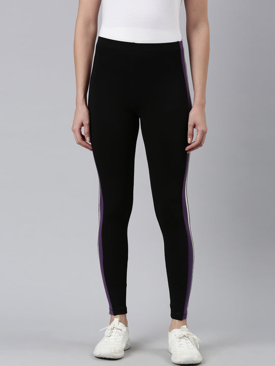 Women Navy Side Stripe Active Leggings