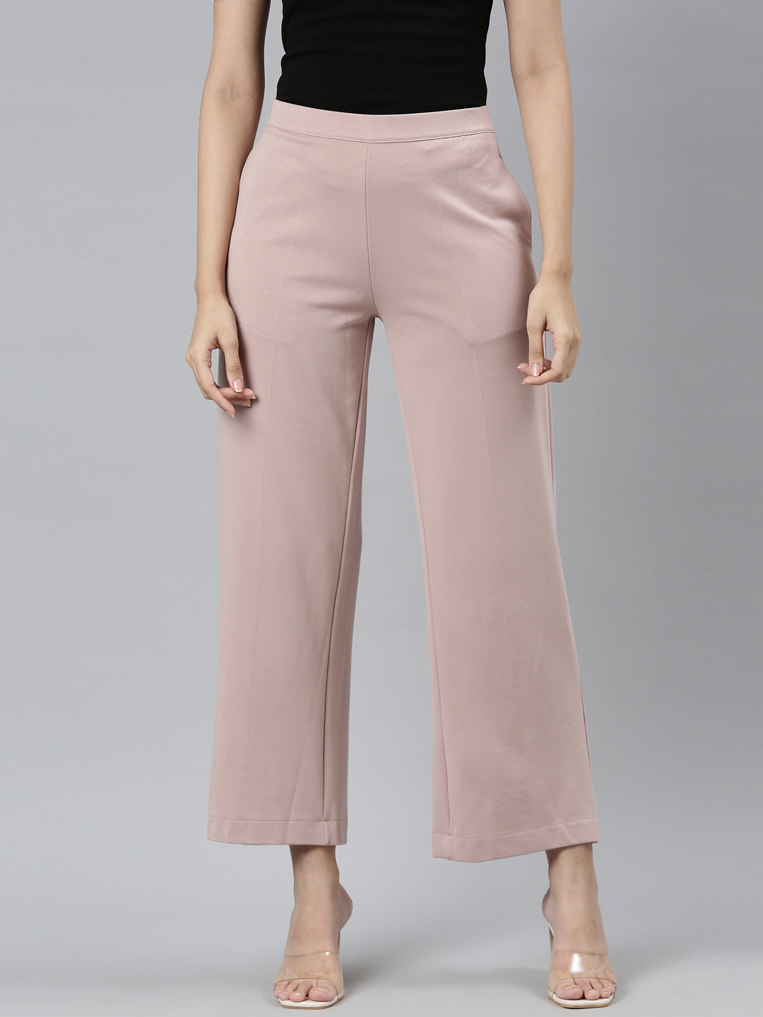 Women Solid Baby Pink Cotton Wide Leg Pants