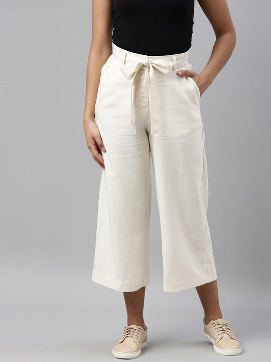 Women Solid Beige Linen Mid Rise Culottes