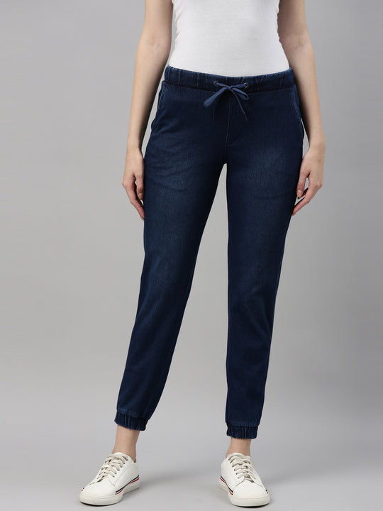 Buy Go Colors Women Solid Blue Denim High Rise Wide Jeans online