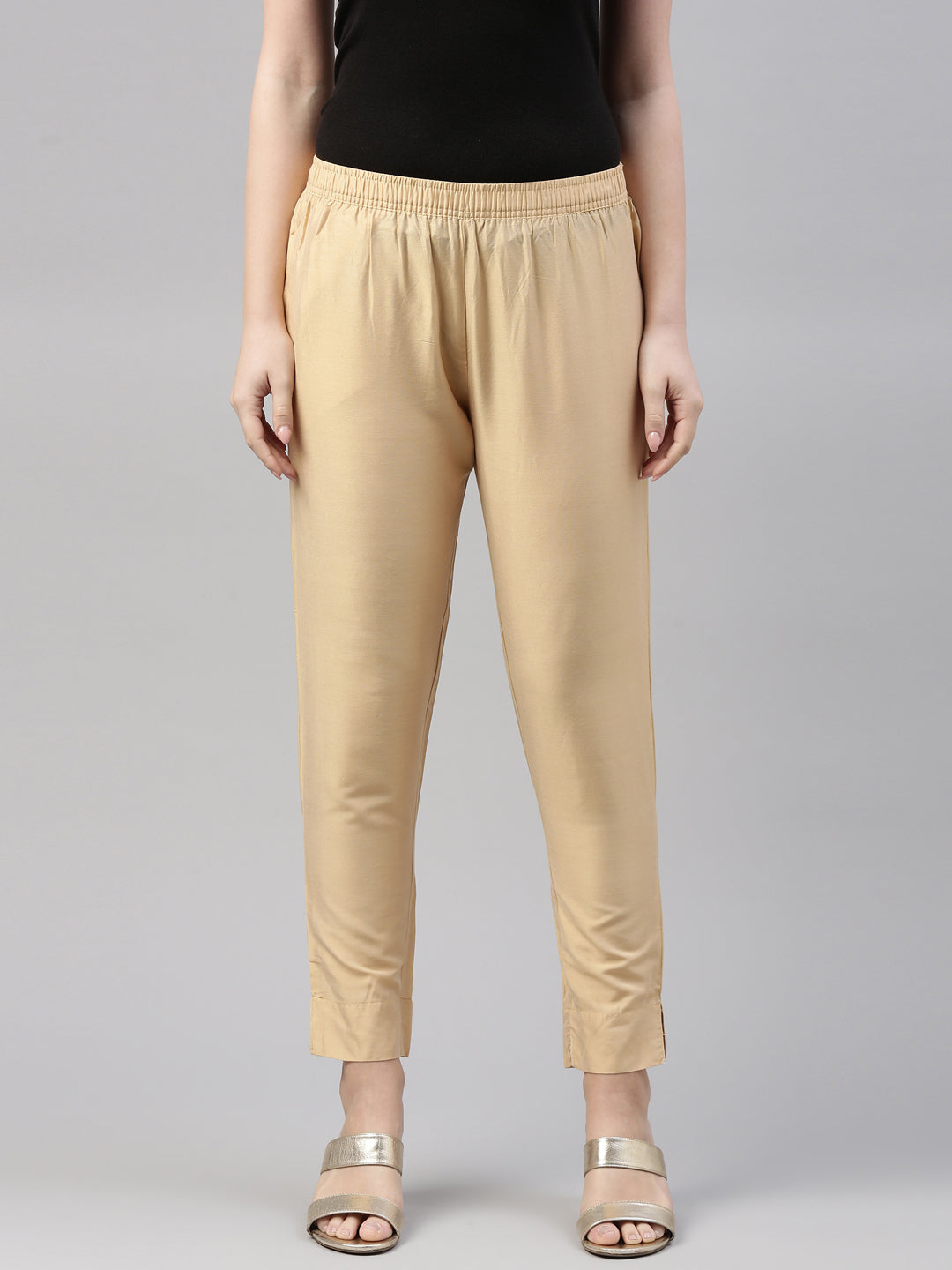 Women Dark Cream Solid Mid Rise Metallic Pants