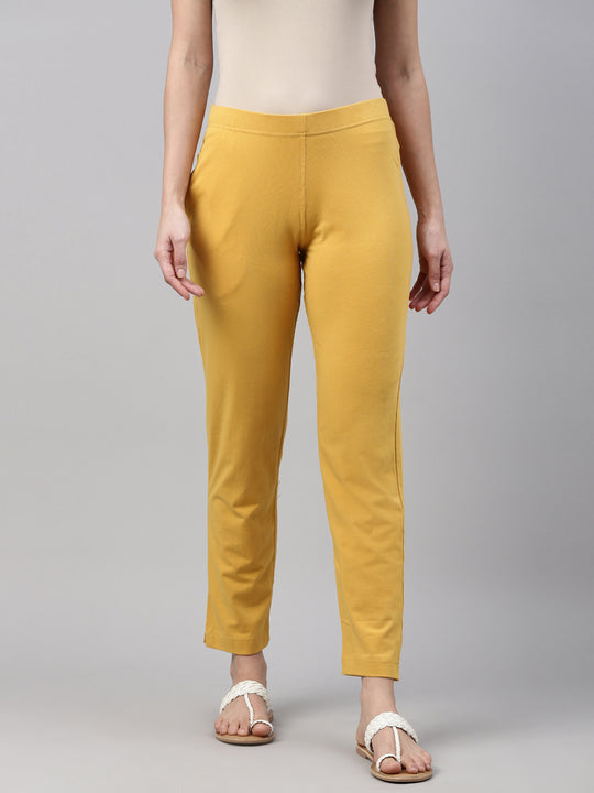 Women Solid Light Mustard Viscose Mid Rise Casual Pants