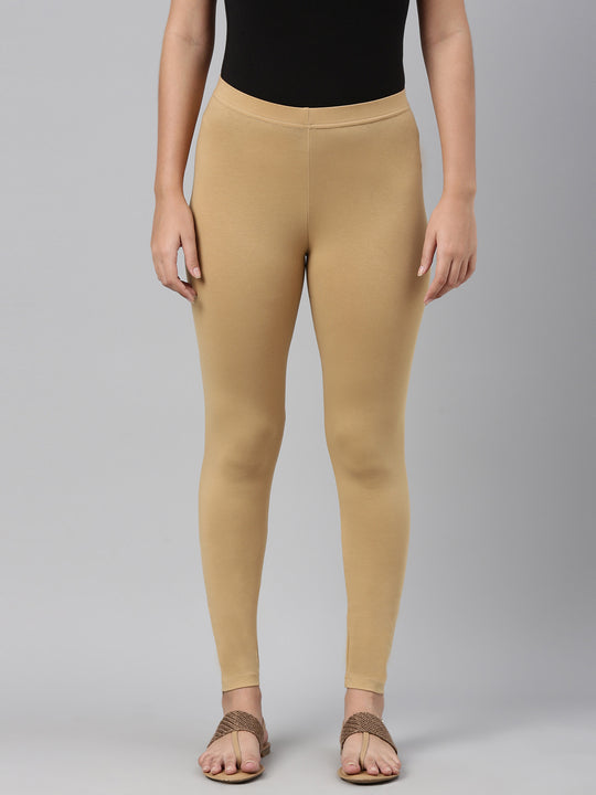 Women Solid Wheat Ribbed Leggings