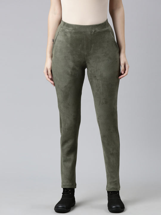 Women Solid Olive Green Ribbed Leggings