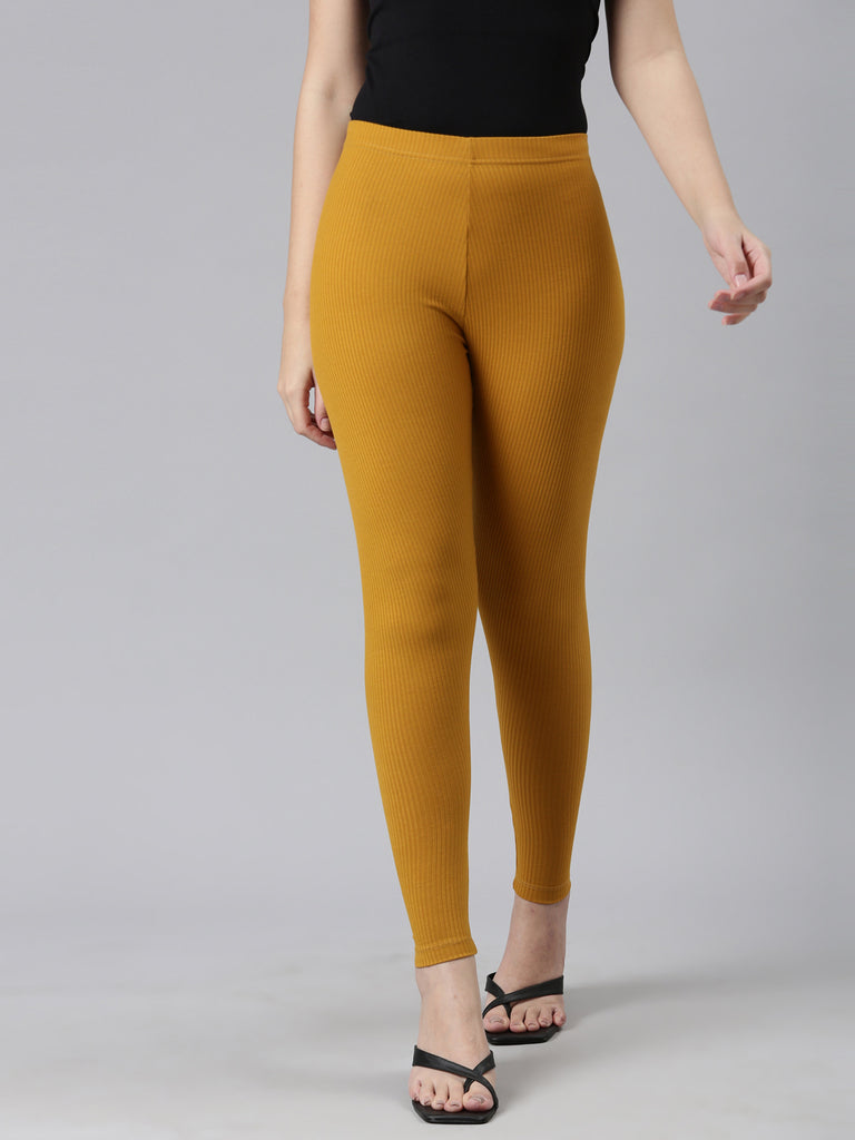 Women Solid Wheat Ribbed Leggings