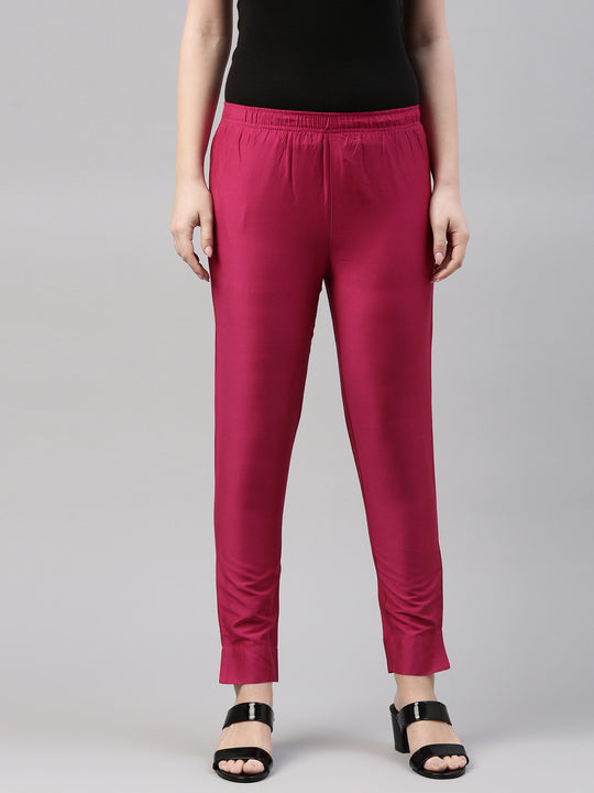 Women Solid Dark Pink Mid Rise Casual Rib Pants