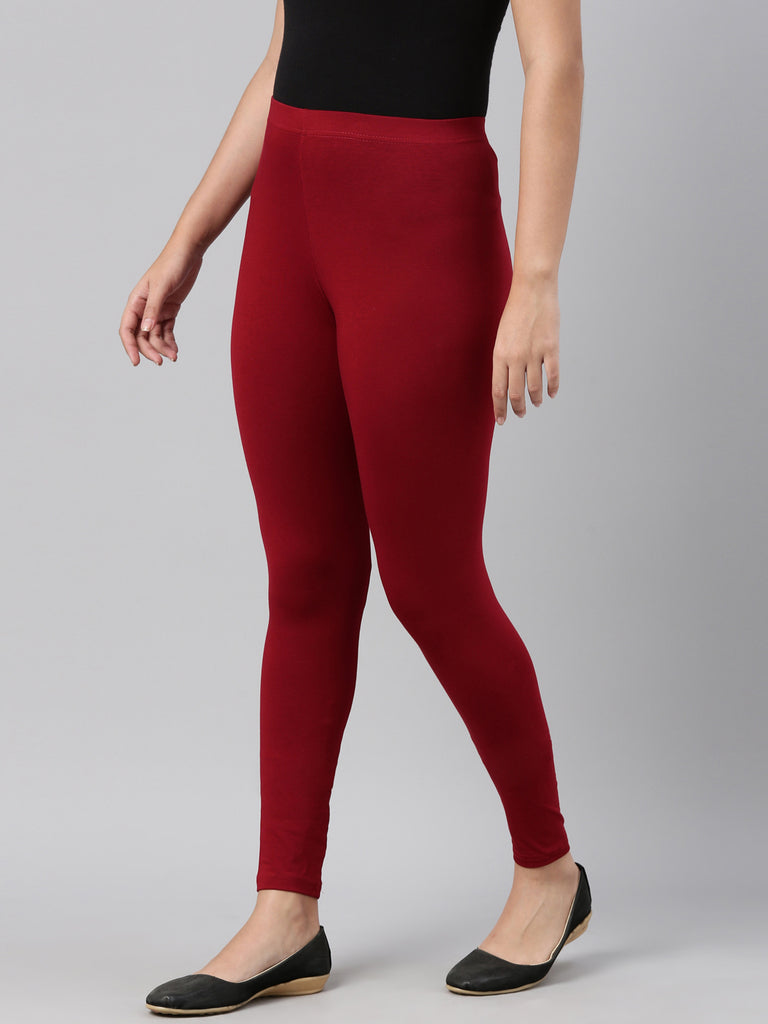 Women Solid Dark Red Slim Fit Ankle Length Leggings - Tall