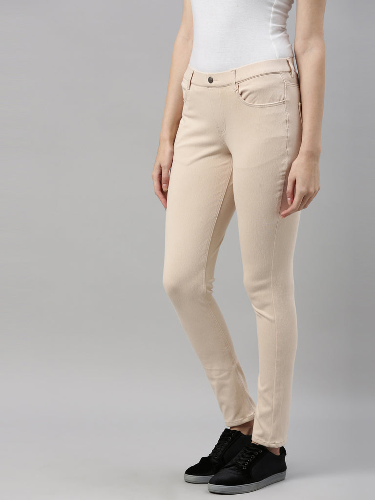 Buy Go Colors Women Beige Textured Mid Rise Jeggings online