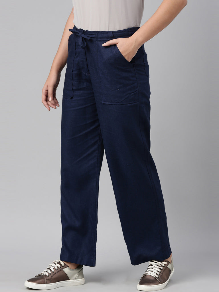 Women Solid Navy Linen Cargo Pant – Go Colors India