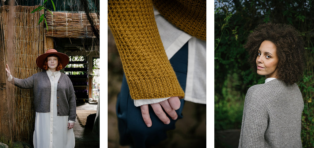 Three images of the Visiting cardigan in two different colors, worn by two different sized models.