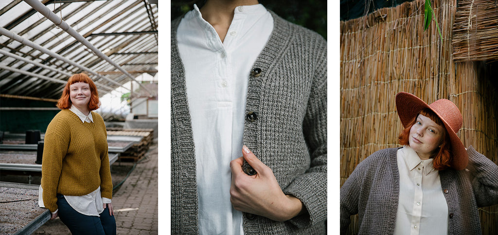 Three images of the Visiting cardigan, in two colors, worn by two different sized models.