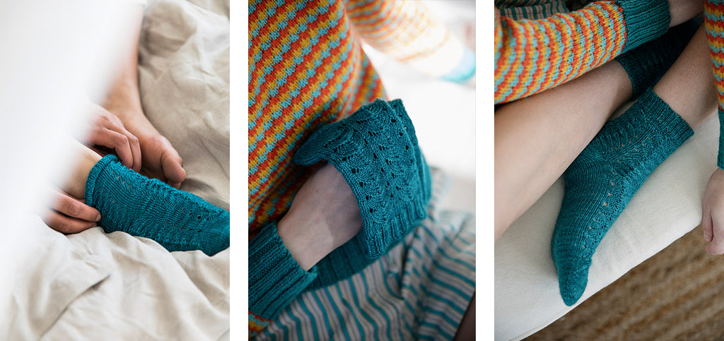 Three images of the Solpor socks and their details.