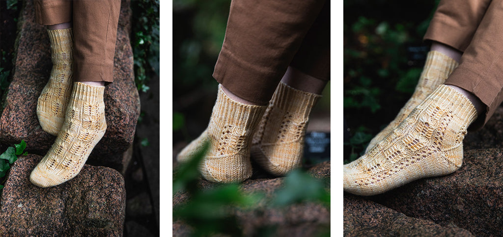 Three images of the Litha socks from different angles.