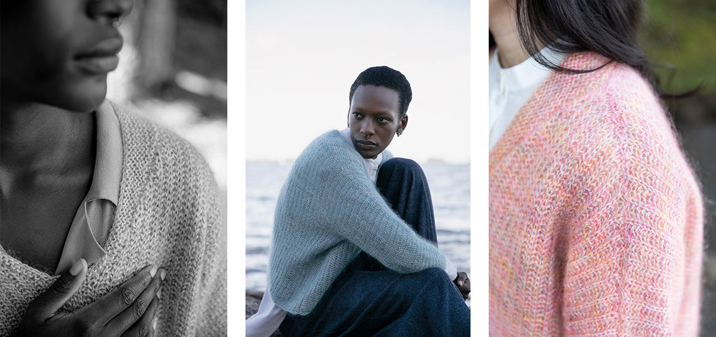 Three more images of the Rues de Paris cardigan, in two colors, on two models.