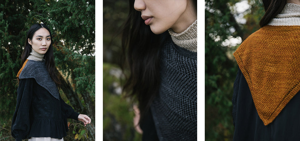 Three more images of the Grounded sweater, with inverted secondary colors.