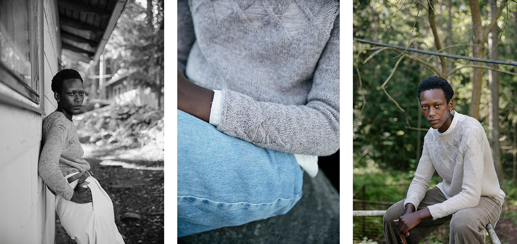 Three images of the Skylight sweater and its details.