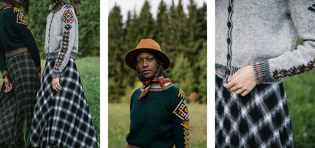 Three images of the Seli pullover and cardigan, in different colors.