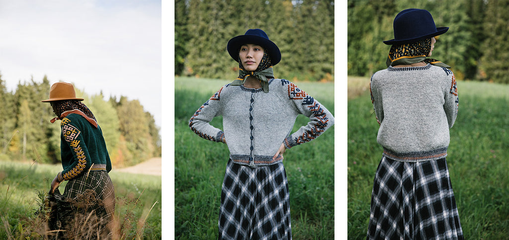 Three images of the Seli pullover and cardigan, in different colors.