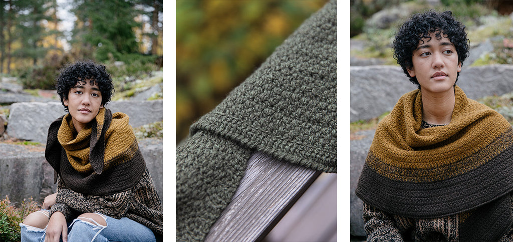 Three images of the Barchan shawl.