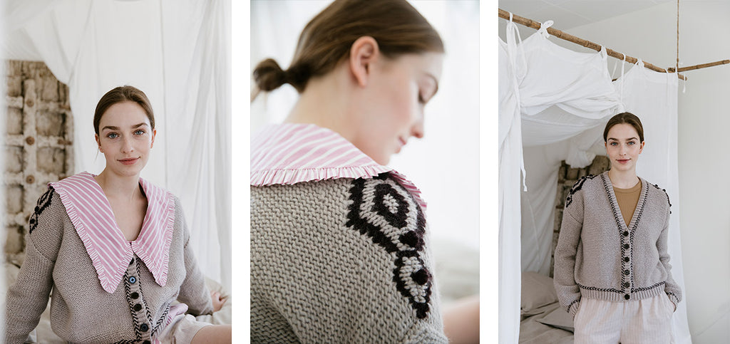 Three more images of the Koselig cardigan, layered in two ways.