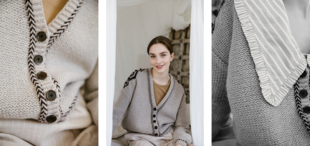 Three images of the Koselig cardigan, layered in two different ways.