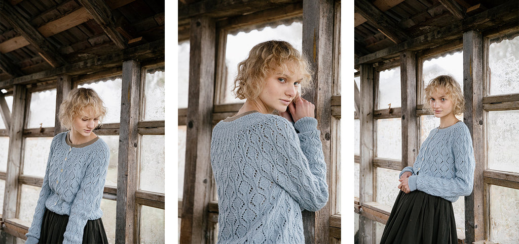 Three images of the Blue Moment sweater, worn by a model.