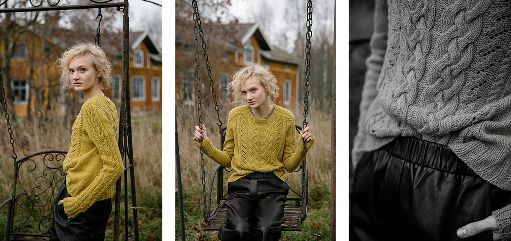 Three images of the Dijon sweater, worn by a model.