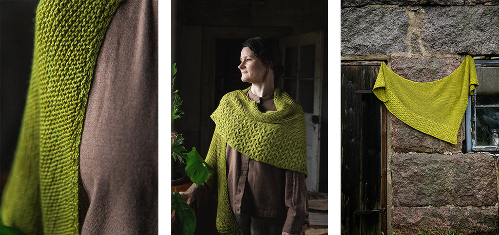 Three images of the Green cress scarf, worn by Meiju.