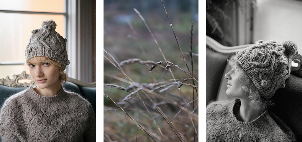 Two images of the Laine hat, worn by a model, and an atmospheric picture of wheat fields.