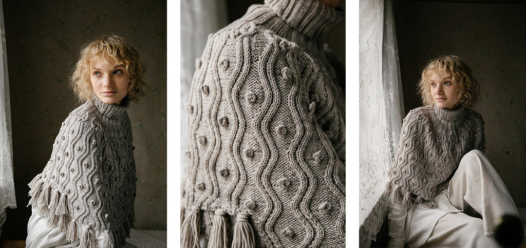 Three images of the Laine poncho, worn by a model.