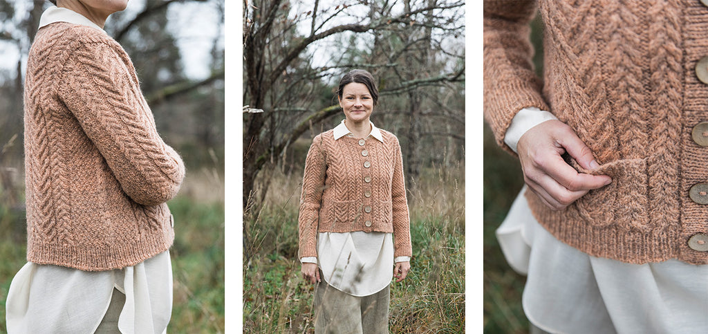 Three images of the Long Road cardigan, worn by Meiju.