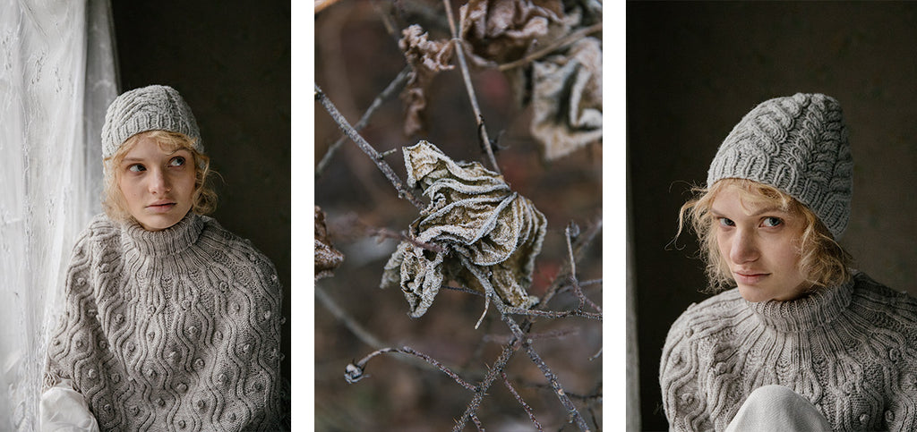 Two images of the Long road hat on a model, and an atmospheric picture of a frozen leaf on a field.