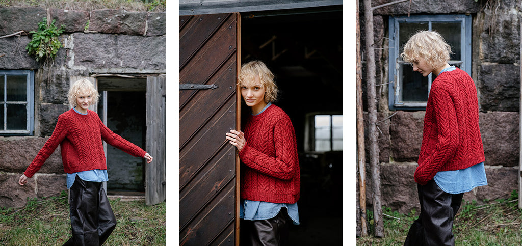 Three images of the Long road pullover, worn by a model.