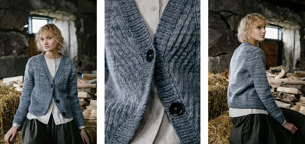Three images of the Maja jacket, worn by a model.