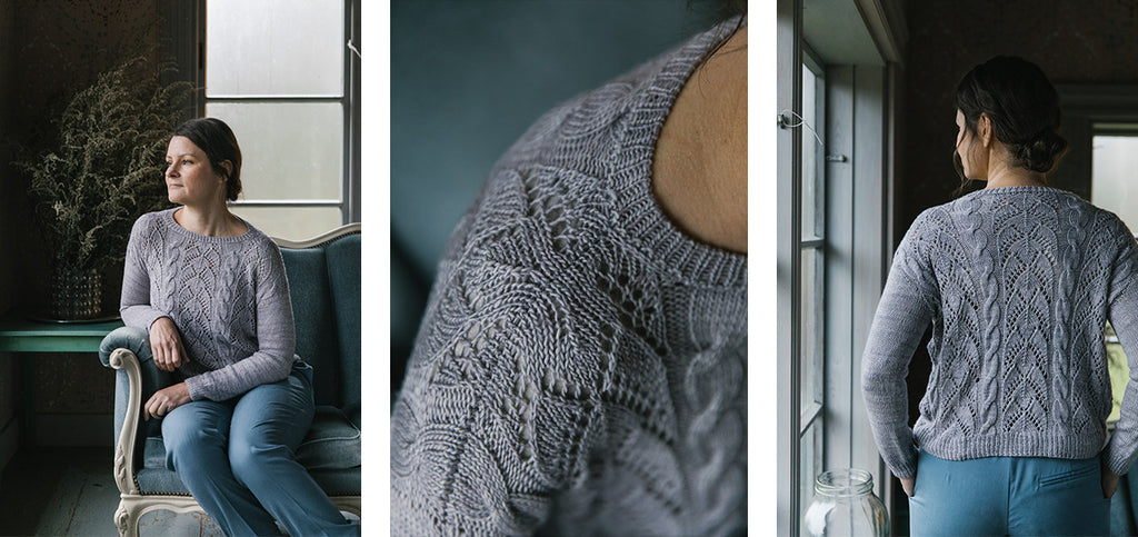 Three images of the Pearly beach sweater, worn by Meiju.