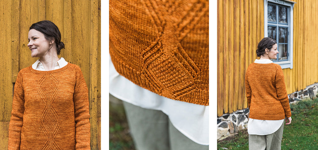 Three images of the Querencia pullover, worn by Meiju.