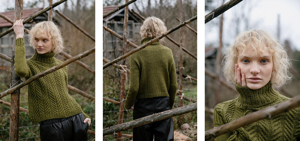 Three images of the Reflections pullover, worn by a model.