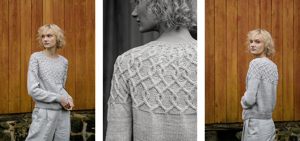 Three images of the Sirona sweater, worn by a model.