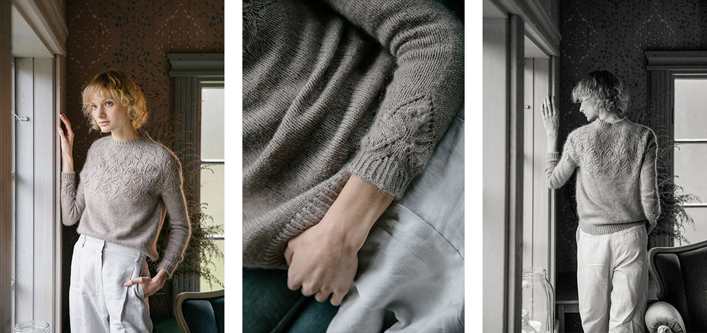 Three images of the Solina sweater, worn by a model.