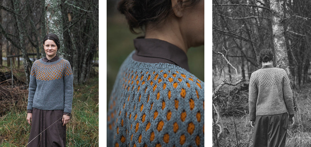 Three images of the Vuolle sweater, worn by Meiju.