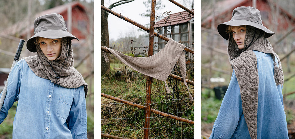 Three images of the Wave and Flow scarf, worn by a model.