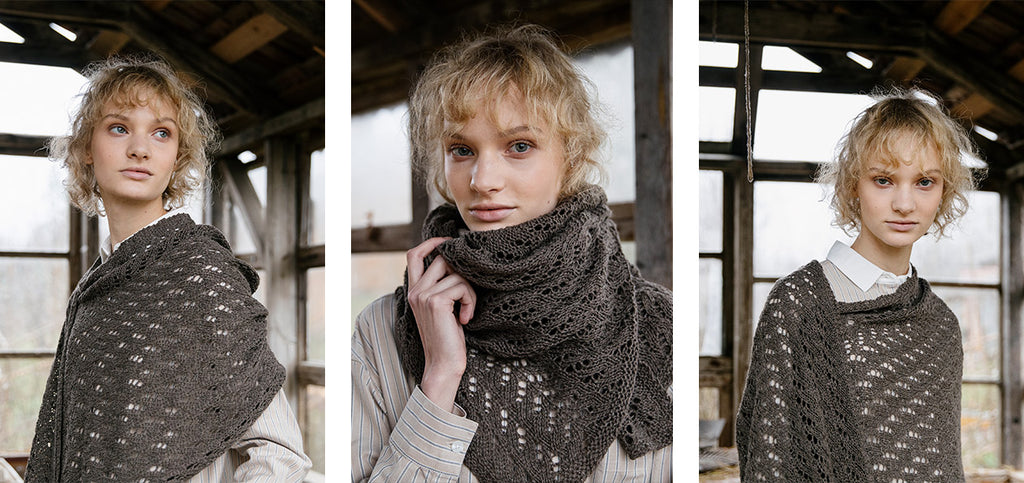 Three images of the Wild fields scarf, worn by a model.