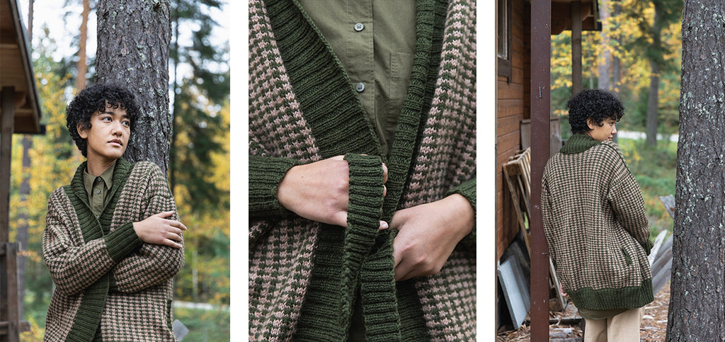 Three images of the Hutton cardigan.