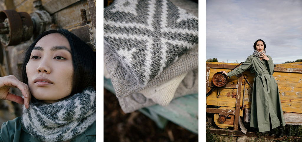 Three images of the Snowfield cowl.